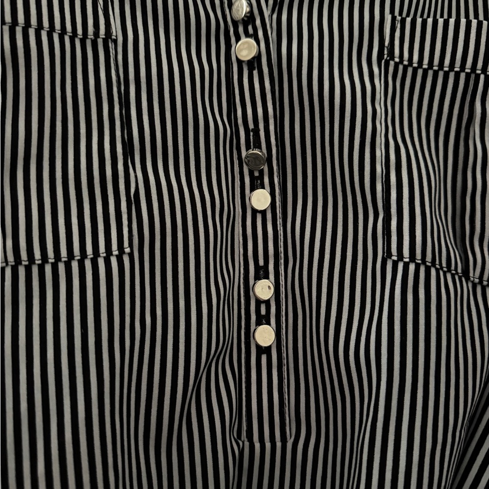 Notations Black White Striped Belted Blouse XL Roll Tab Sleeve - Picture 5 of 9